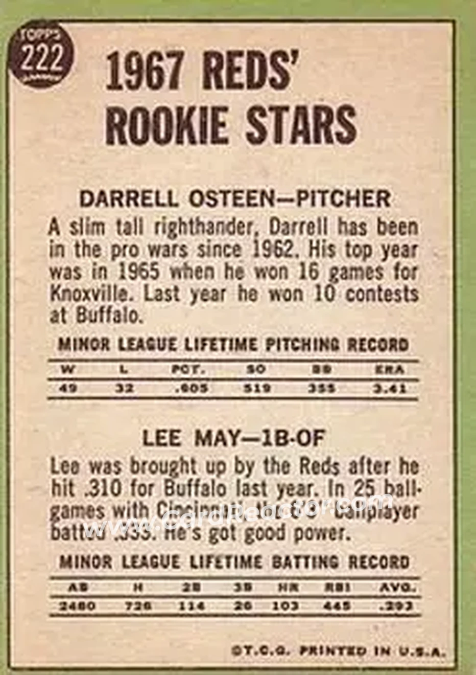 1967 Topps #222 - Card #222 - Cincinnati Reds - Back