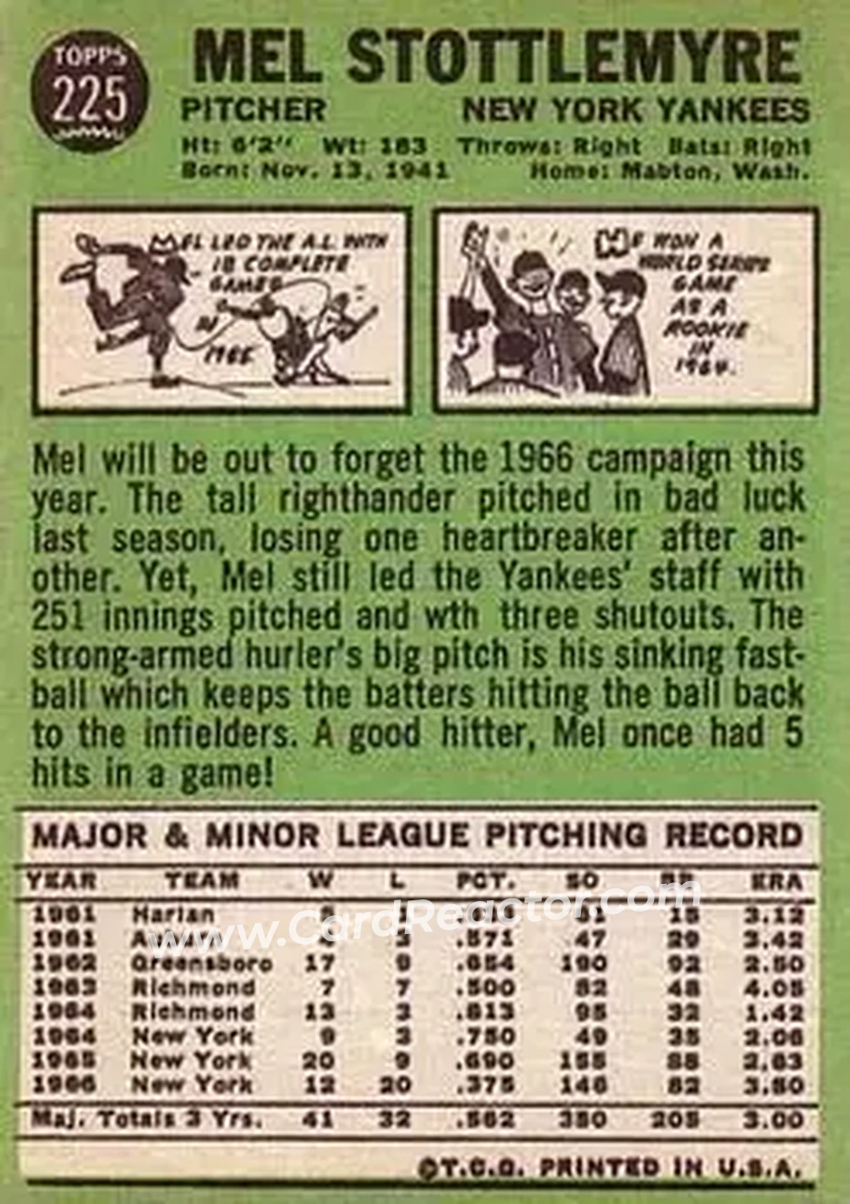 1967 Topps #225 - Mel Stottlemyre - New York Yankees - Back