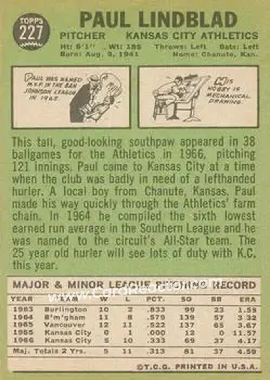 1967 Topps #227 - Paul Lindblad - Kansas City Athletics - Back 1967 Topps #227 - Paul Lindblad - Kansas City Athletics - Back