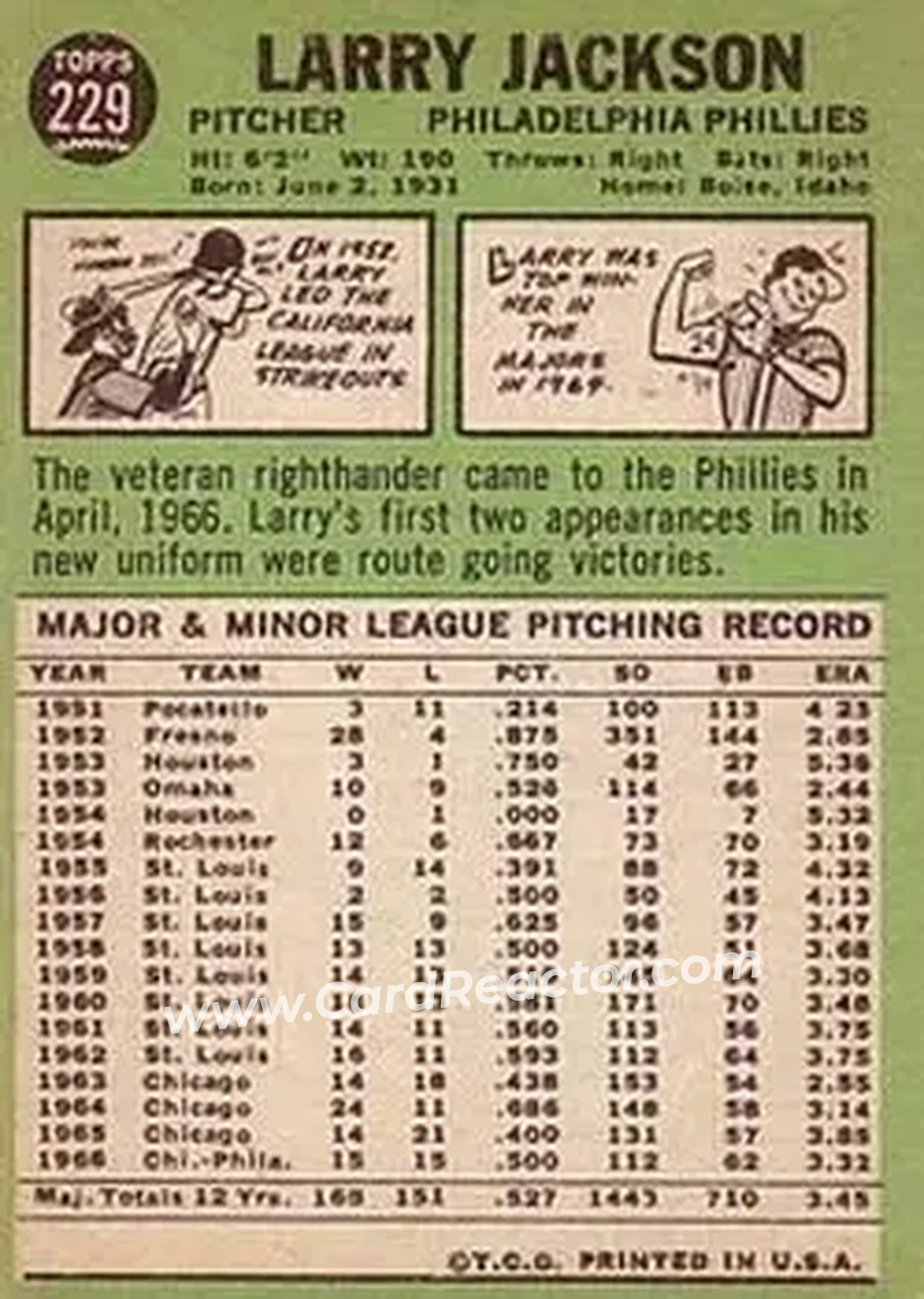 1967 Topps #229 - Larry Jackson - Philadelphia Phillies - Back