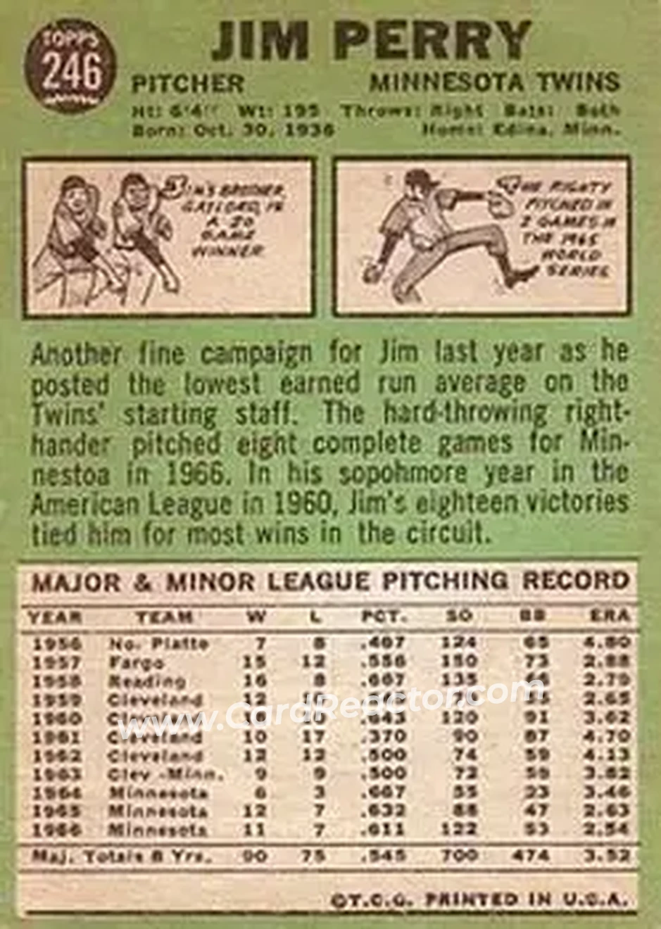1967 Topps #246 - Jim Perry - Minnesota Twins - Back 1967 Topps #246 - Jim Perry - Minnesota Twins - Back