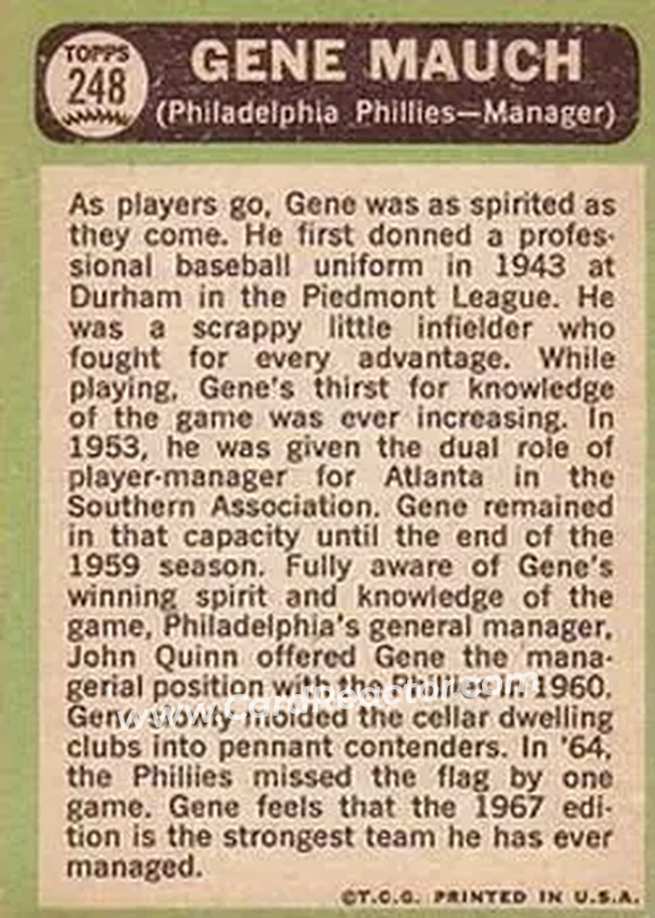 1967 Topps #248 - Gene Mauch - Philadelphia Phillies - Back