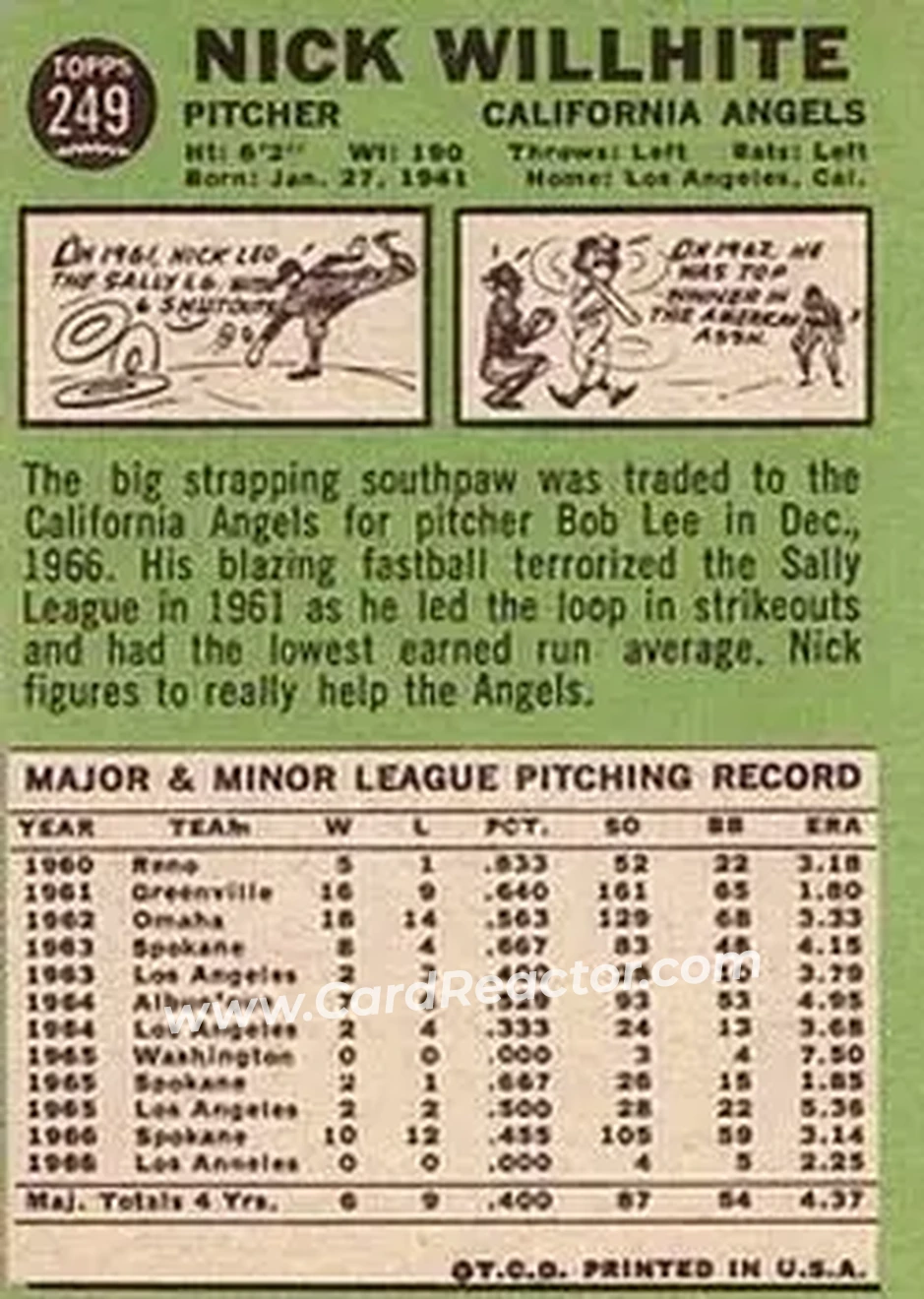 1967 Topps #249 - Nick Willhite - California Angels - Back