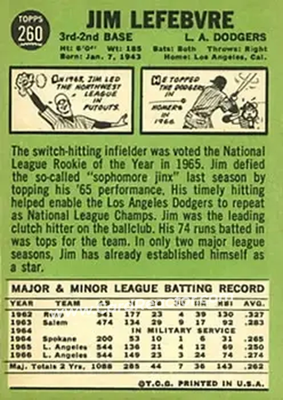 1967 Topps #260 - Jim Lefebvre - Los Angeles Dodgers - Back 1967 Topps #260 - Jim Lefebvre - Los Angeles Dodgers - Back