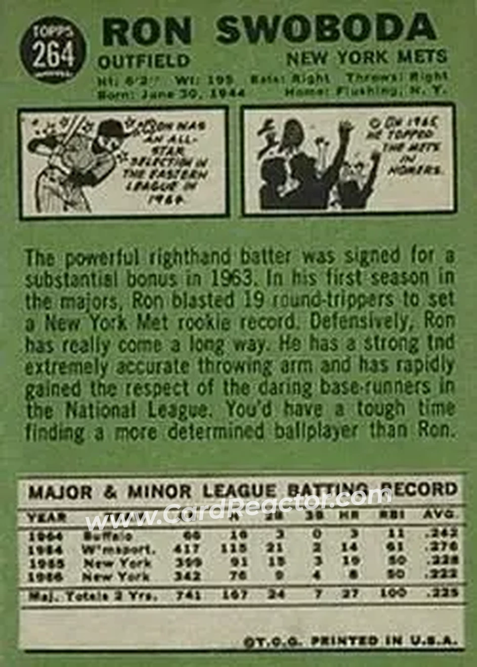 1967 Topps #264 - Ron Swoboda - New York Mets - Back 1967 Topps #264 - Ron Swoboda - New York Mets - Back