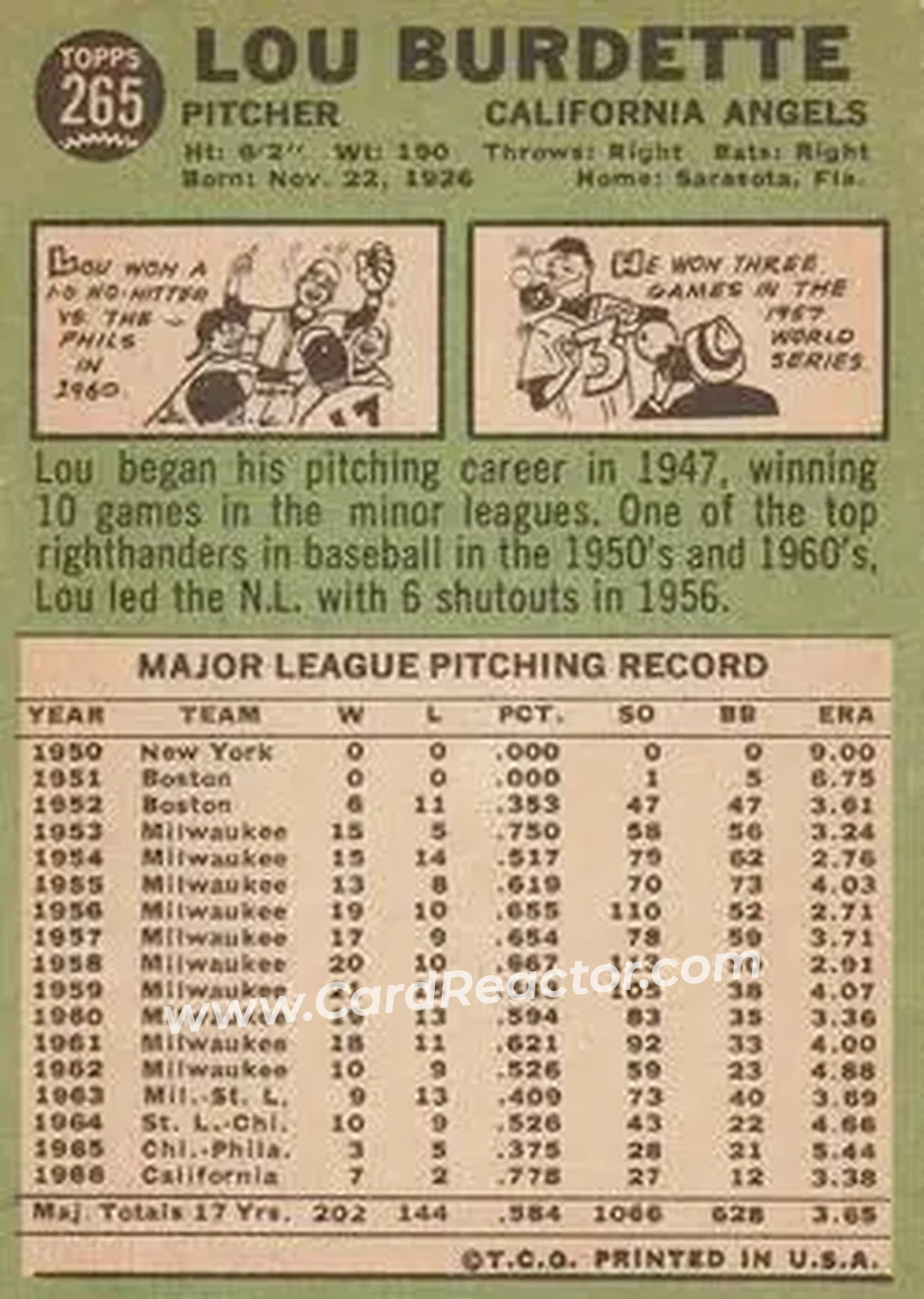 1967 Topps #265 - Lew Burdette - California Angels - Back