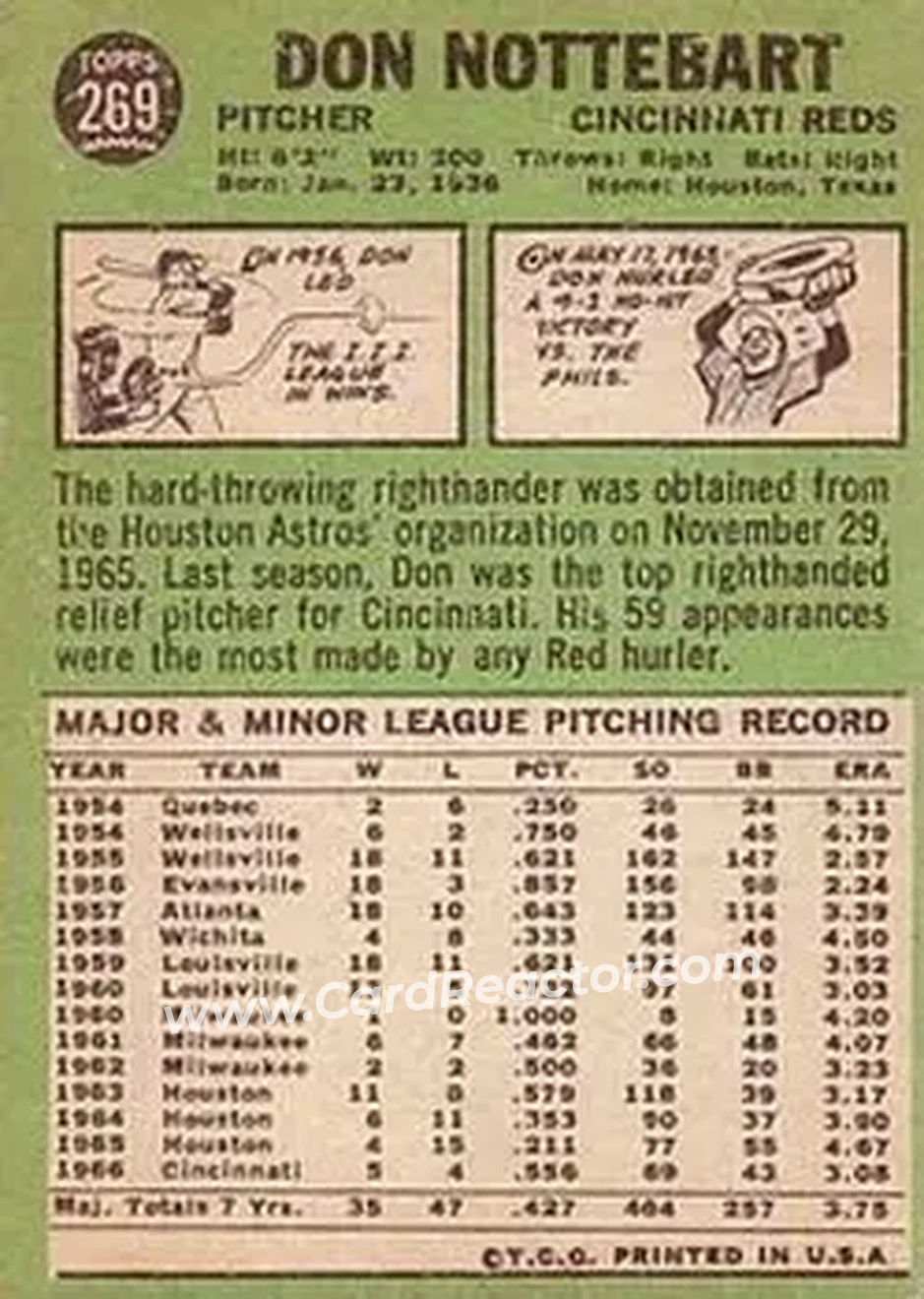 1967 Topps #269 - Don Nottebart - Cincinnati Reds - Back