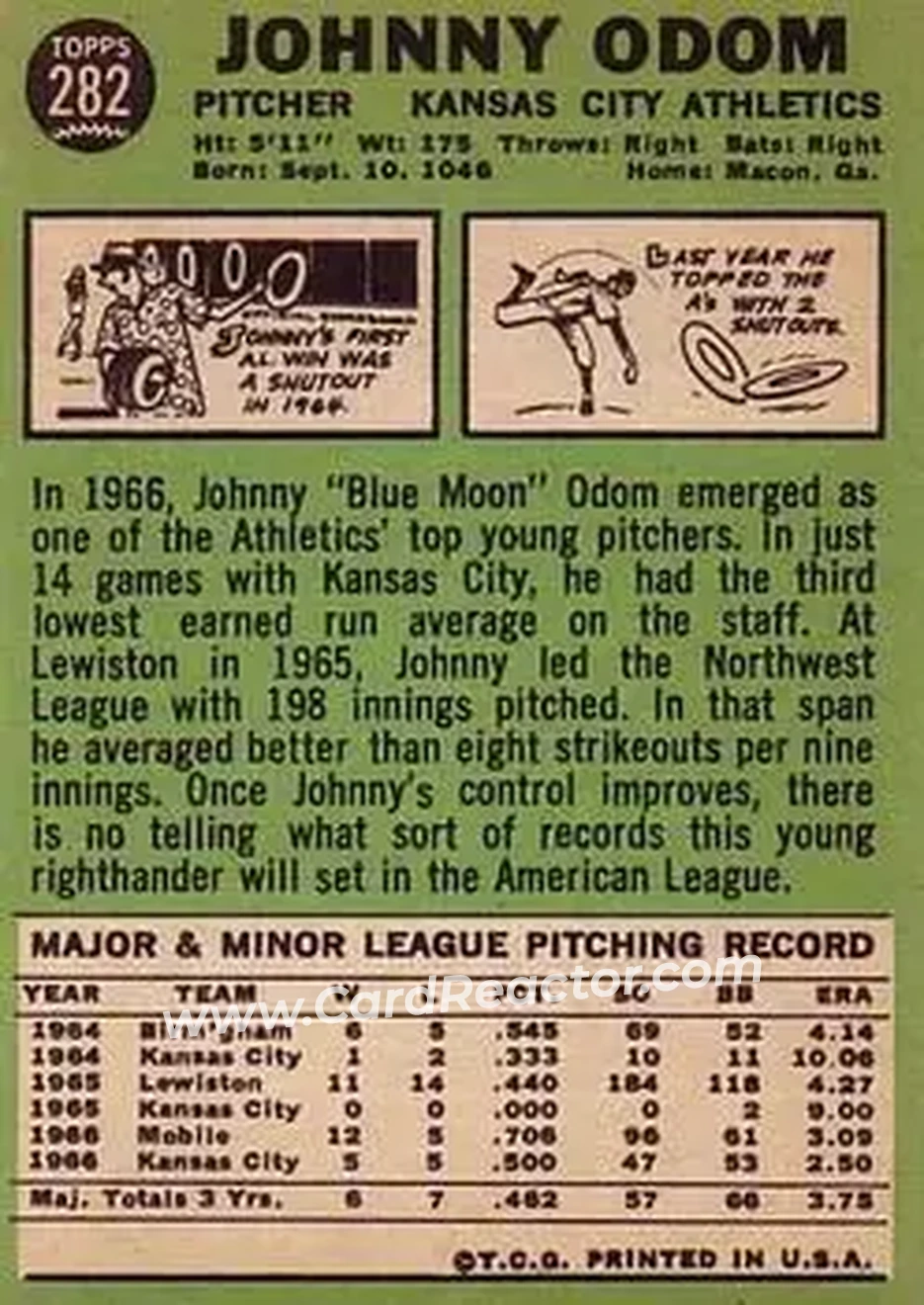 1967 Topps #282 - Johnny Odom - Kansas City Athletics - Back
