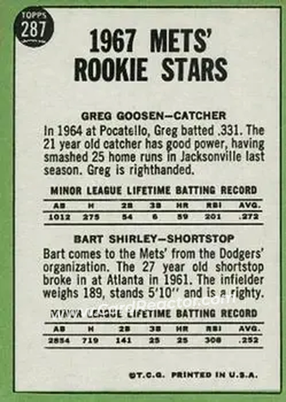 1967 Topps #287 - Card #287 - New York Mets - Back