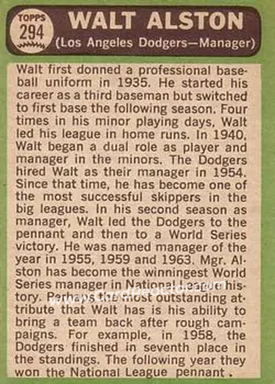 1967 Topps #294 - Walter Alston - Los Angeles Dodgers - Back