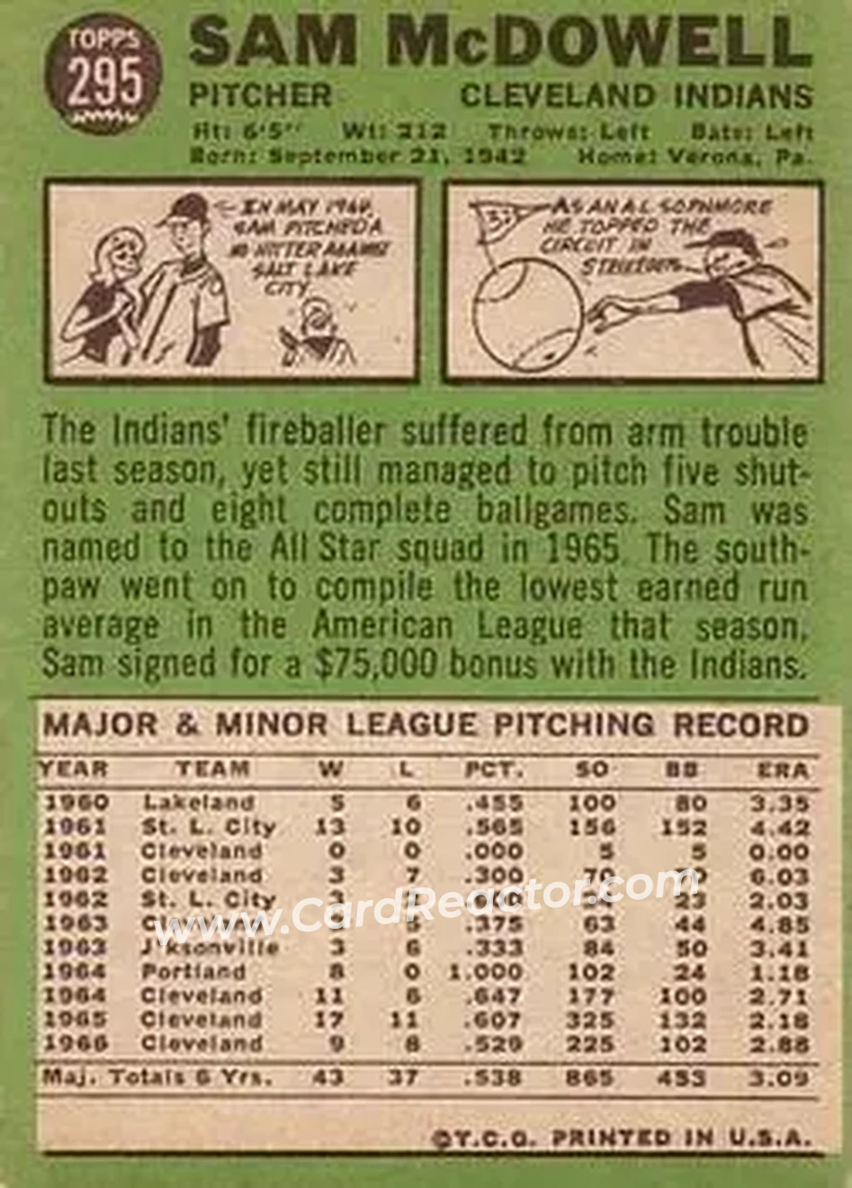 1967 Topps #295 - Sam McDowell - Cleveland Indians - Back