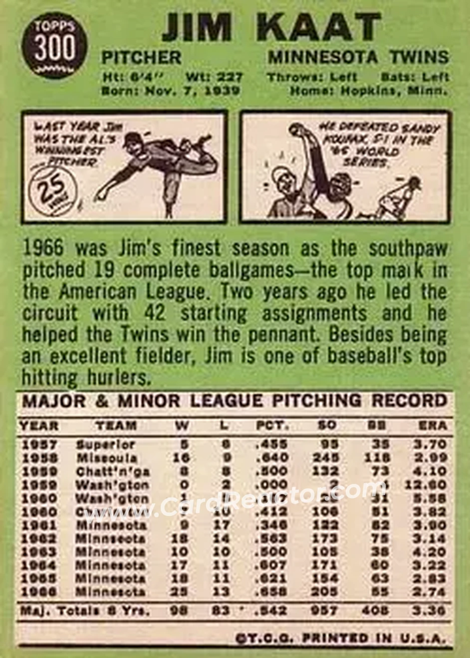 1967 Topps #300 - Jim Kaat - Minnesota Twins - Back