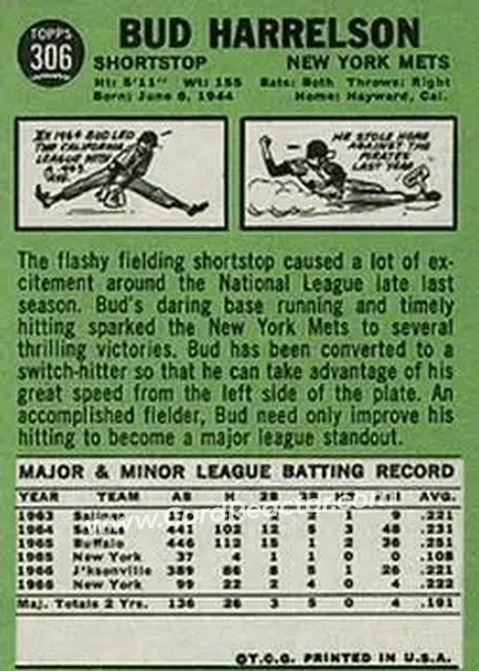 1967 Topps #306 - Bud Harrelson - New York Mets - Back