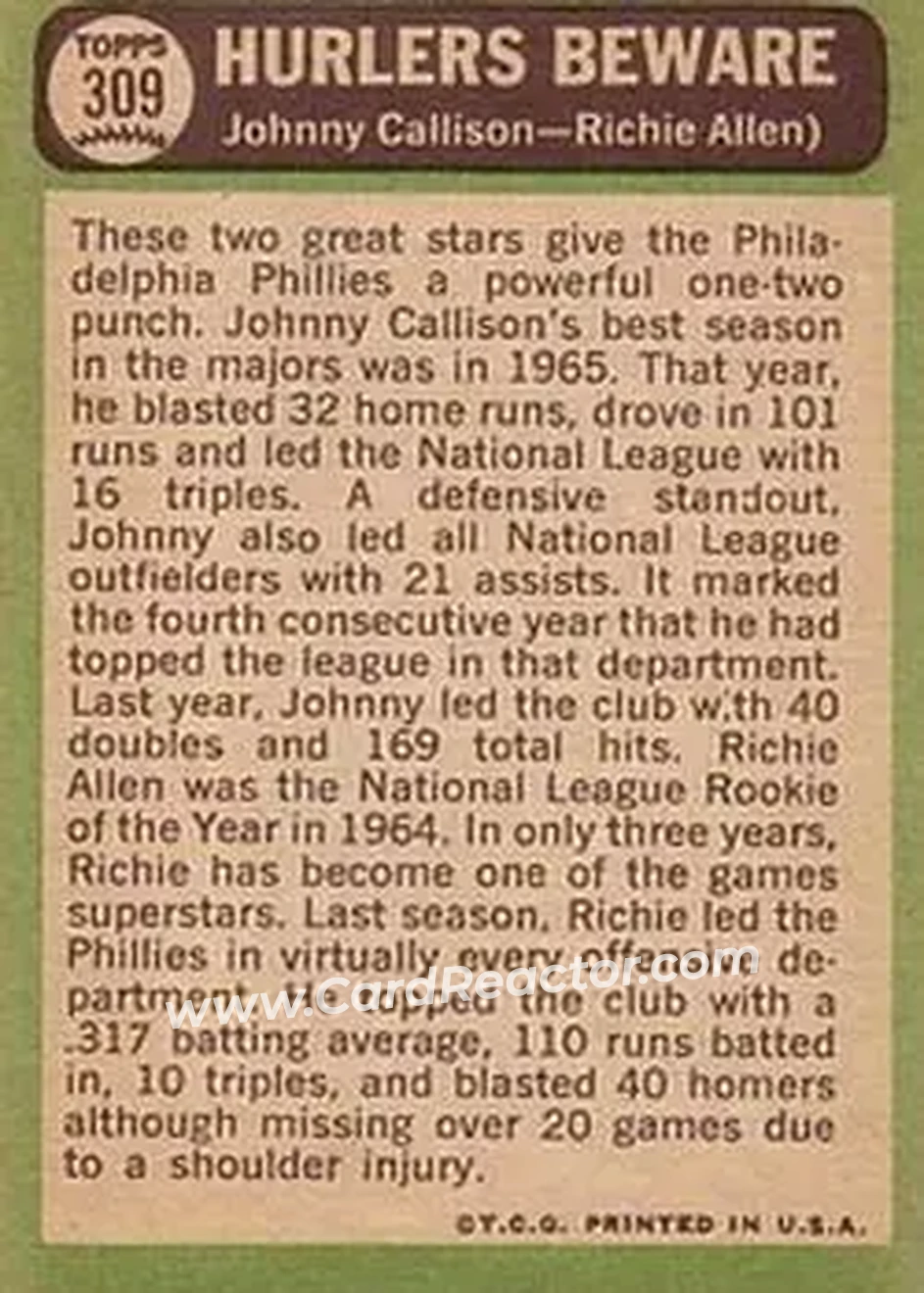1967 Topps #309 - Card #309 - Philadelphia Phillies - Back