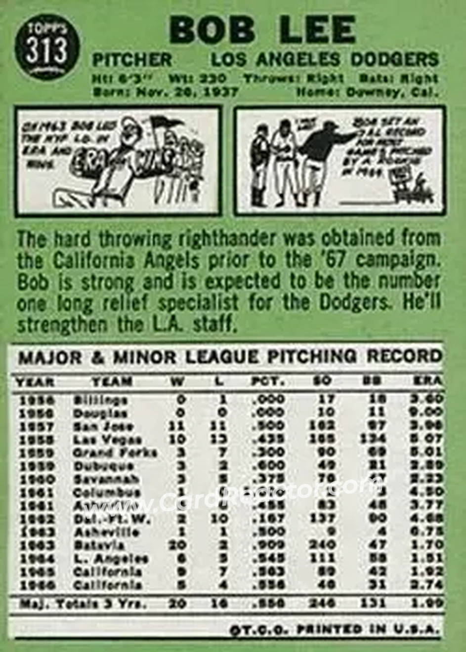 1967 Topps #313 - Bob Lee - Los Angeles Dodgers - Back