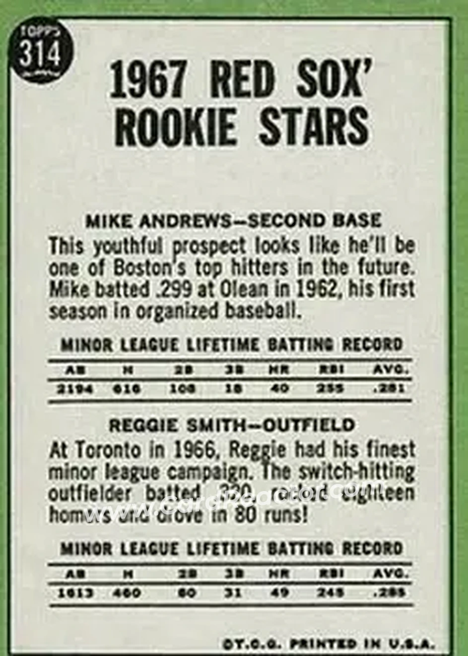 1967 Topps #314 - Card #314 - Boston Red Sox - Back
