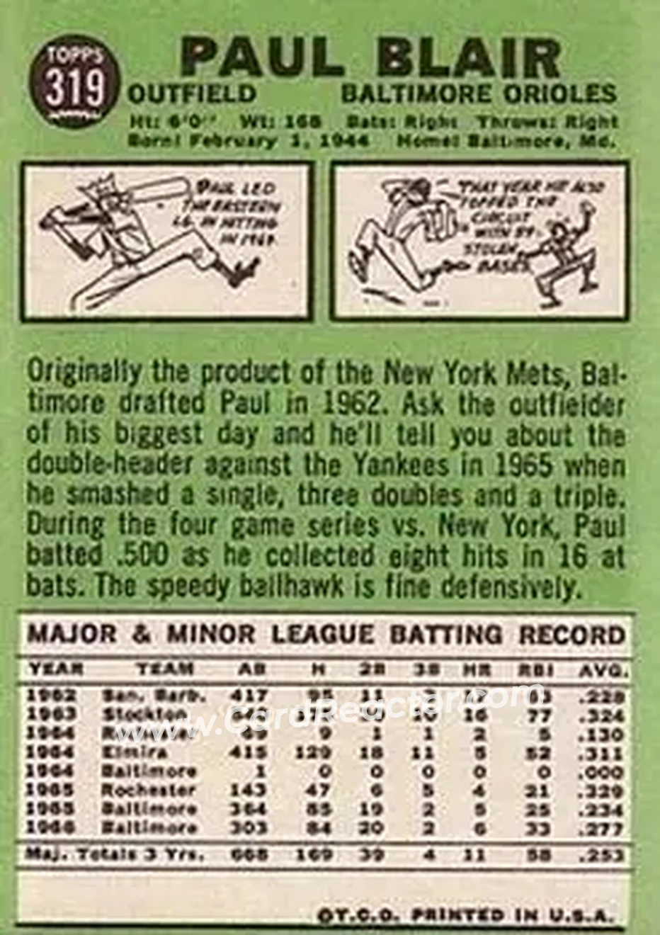 1967 Topps #319 - Paul Blair - Baltimore Orioles - Back 1967 Topps #319 - Paul Blair - Baltimore Orioles - Back