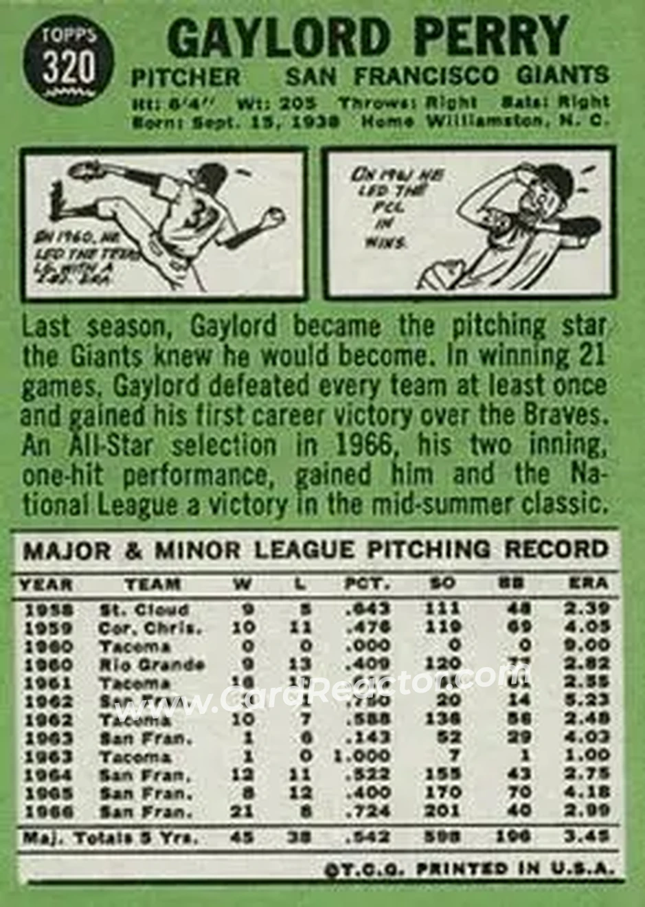 1967 Topps #320 - Gaylord Perry - San Francisco Giants - Back