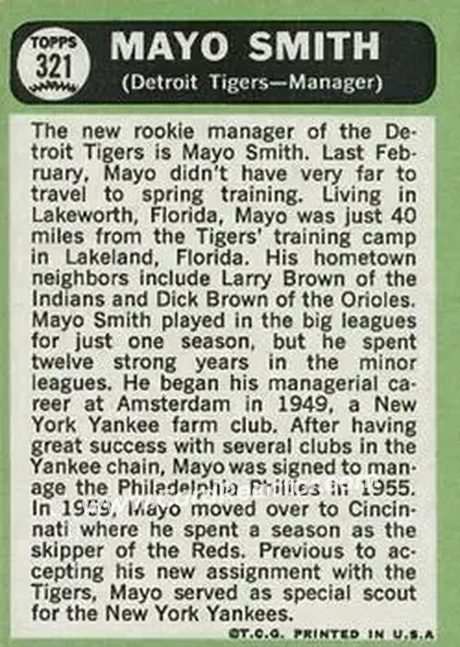 1967 Topps #321 - Mayo Smith - Detroit Tigers - Back