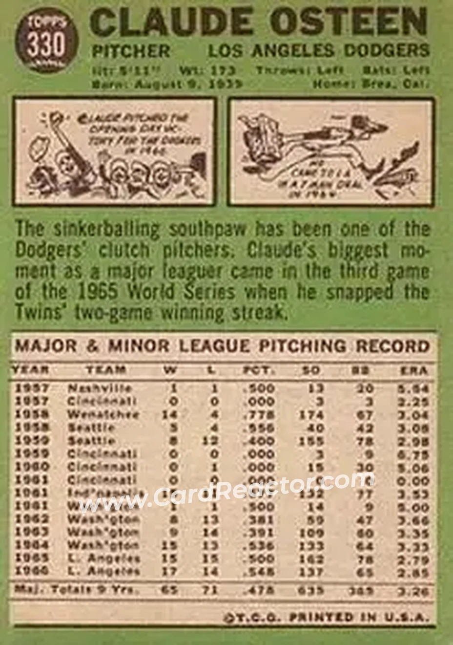 1967 Topps #330 - Claude Osteen - Los Angeles Dodgers - Back 1967 Topps #330 - Claude Osteen - Los Angeles Dodgers - Back