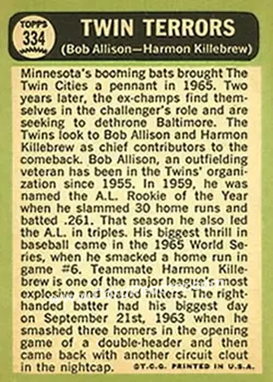 1967 Topps #334 - Card #334 - Minnesota Twins - Back
