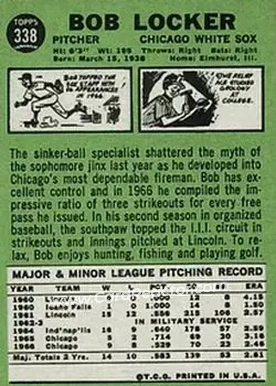 1967 Topps #338 - Bob Locker - Chicago White Sox - Back