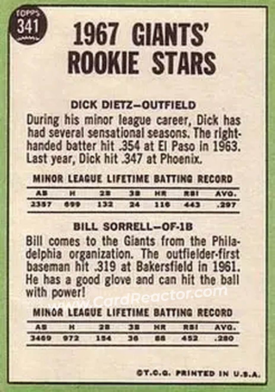1967 Topps #341 - Card #341 - San Francisco Giants - Back