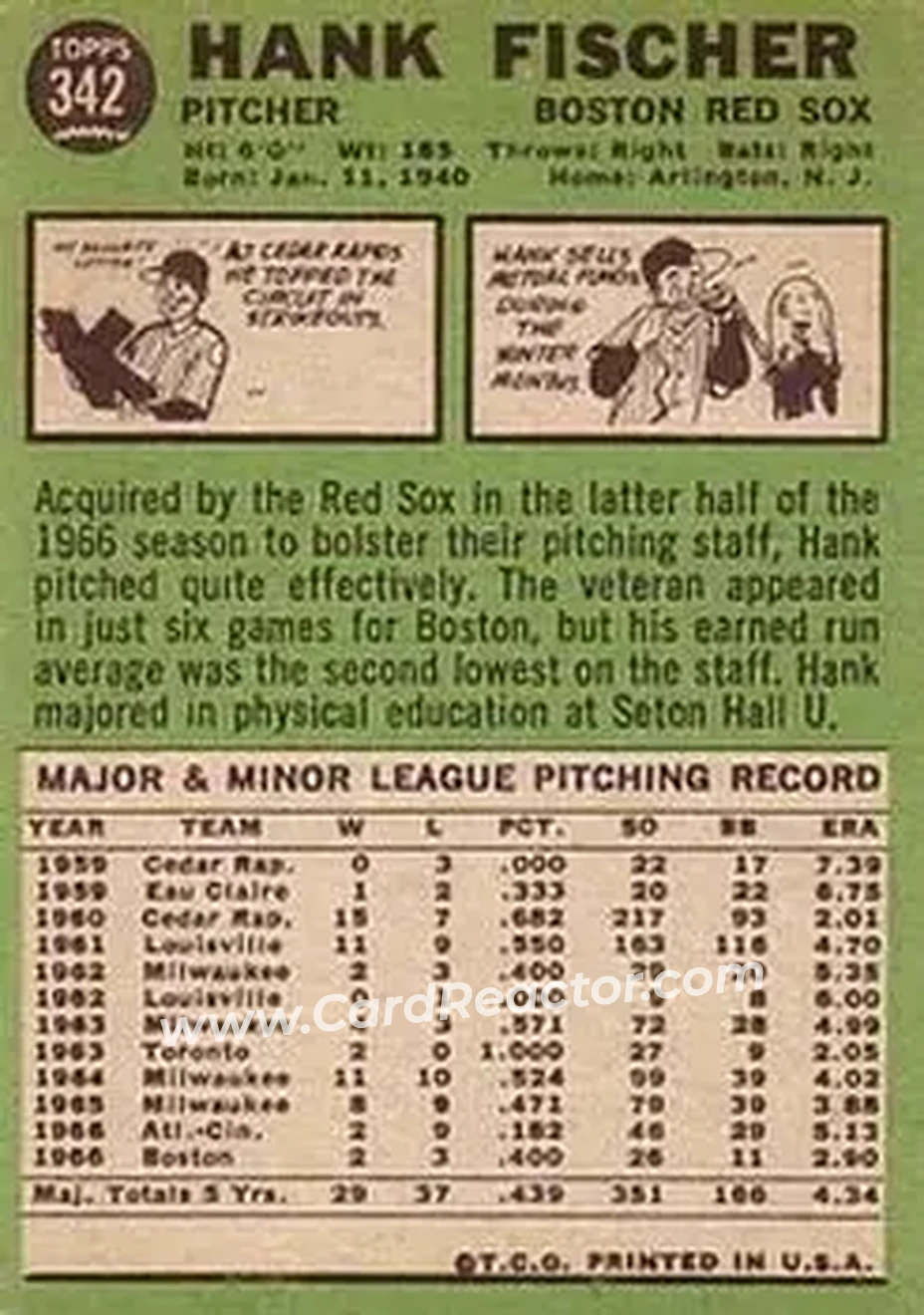 1967 Topps #342 - Hank Fischer - Boston Red Sox - Back