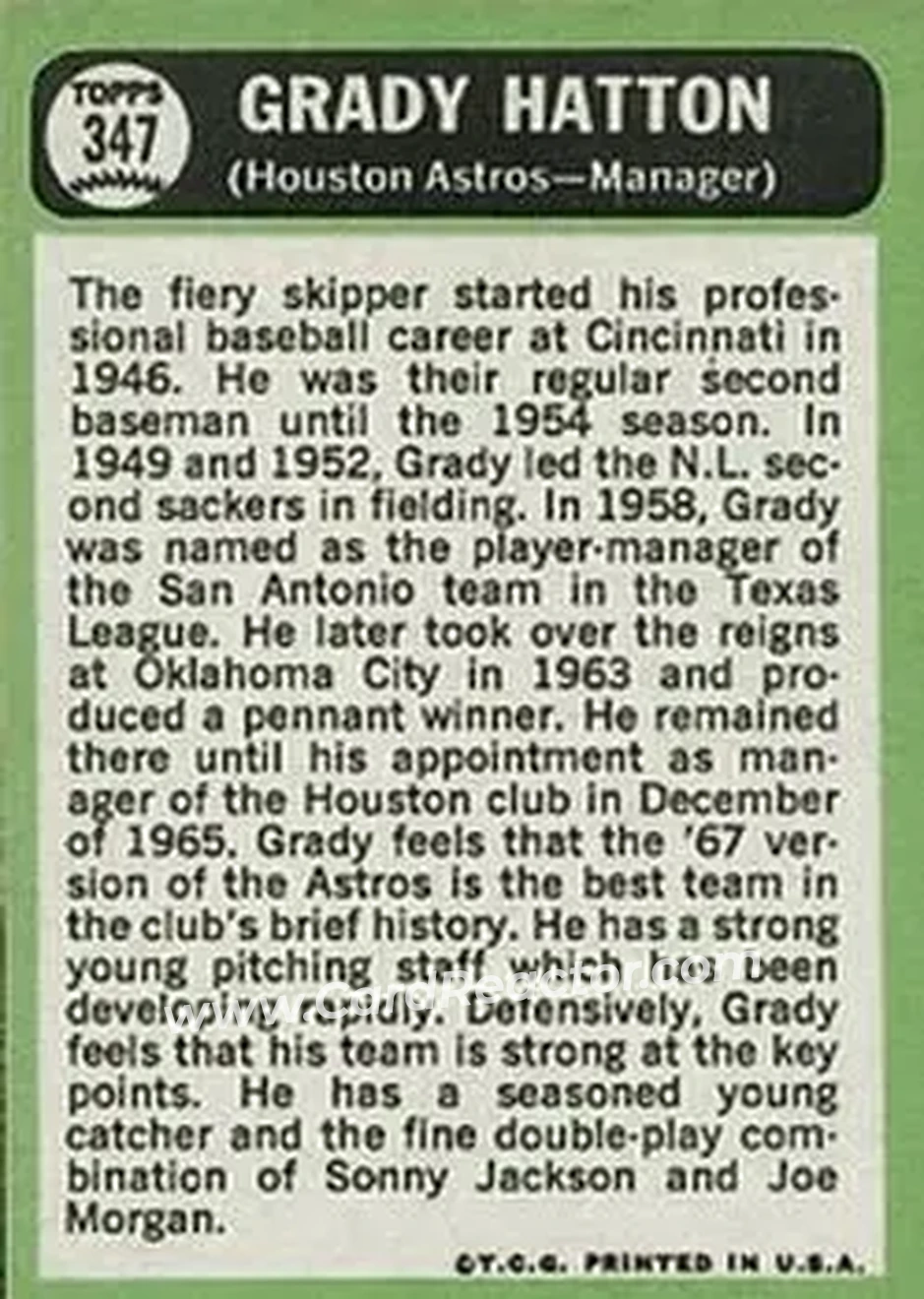 1967 Topps #347 - Grady Hatton - Houston Astros - Back