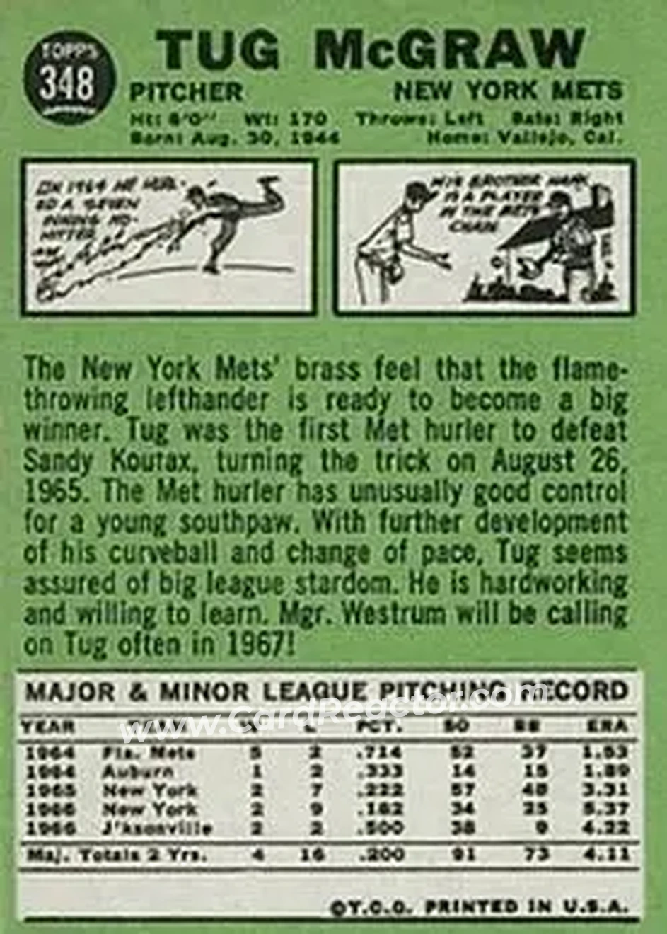 1967 Topps #348 - Tug McGraw - New York Mets - Back 1967 Topps #348 - Tug McGraw - New York Mets - Back