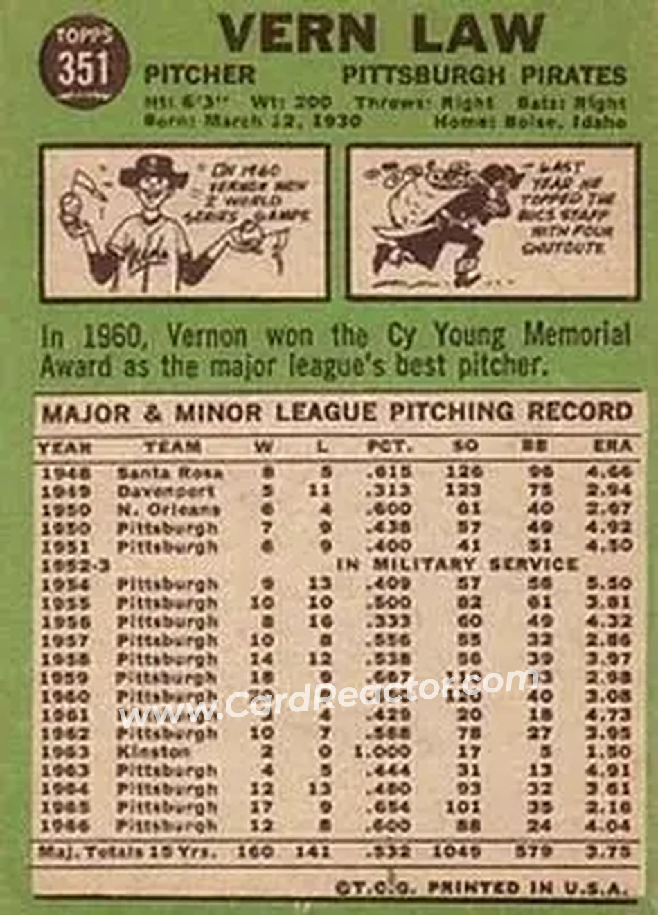 1967 Topps #351 - Vern Law - Pittsburgh Pirates - Back 1967 Topps #351 - Vern Law - Pittsburgh Pirates - Back