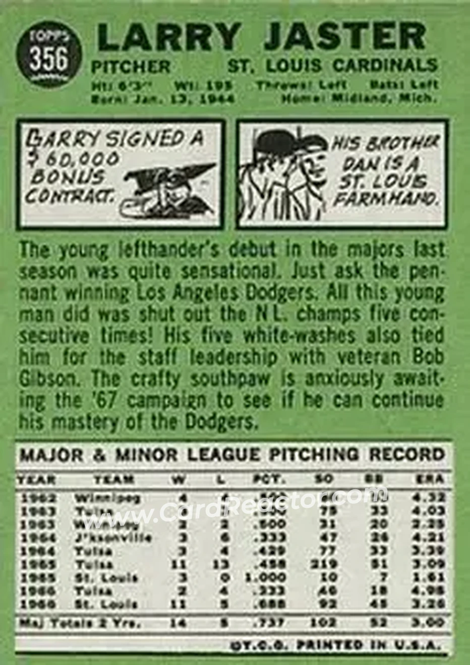 1967 Topps #356 - Larry Jaster - St. Louis Cardinals - Back