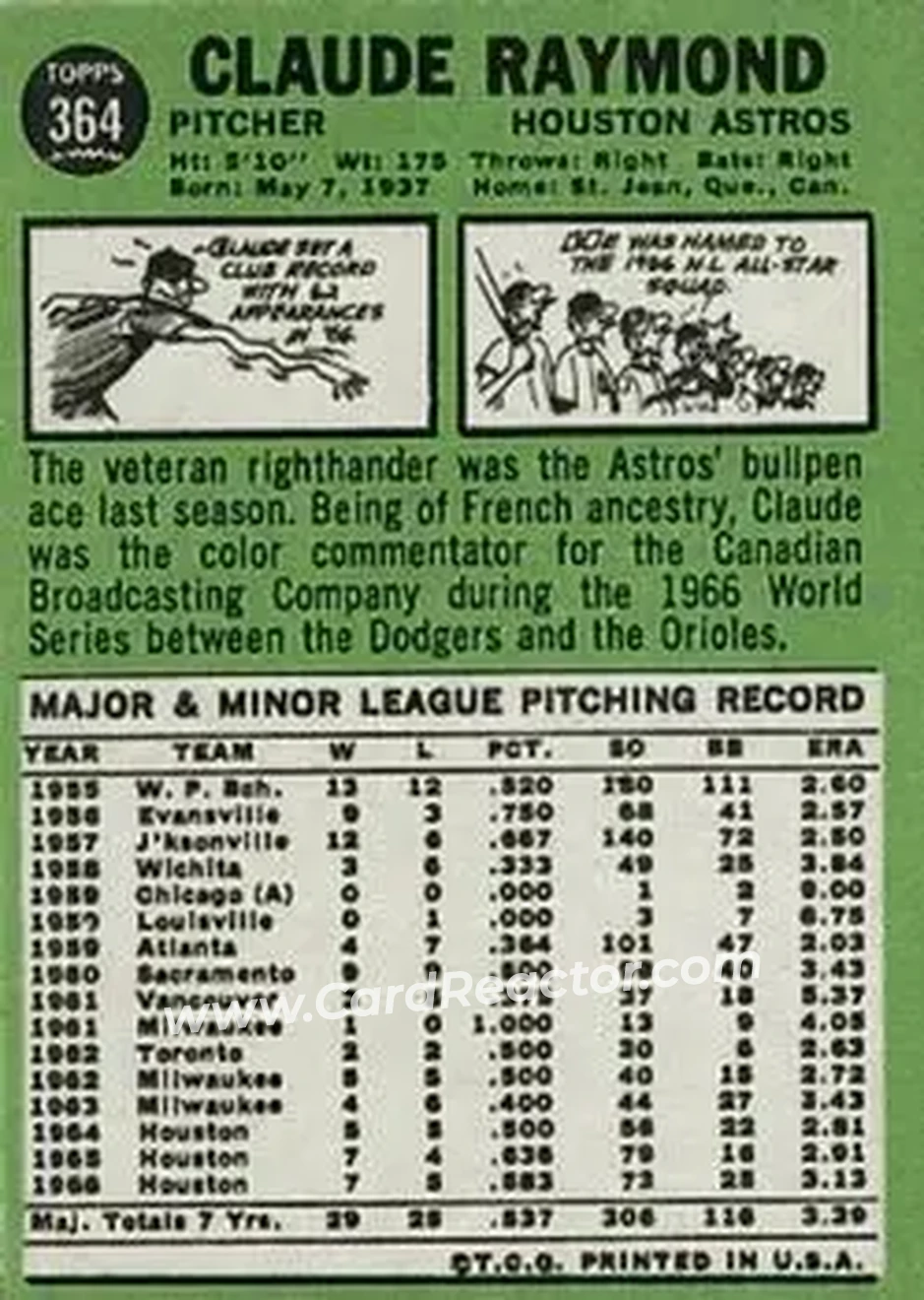1967 Topps #364 - Claude Raymond - Houston Astros - Back