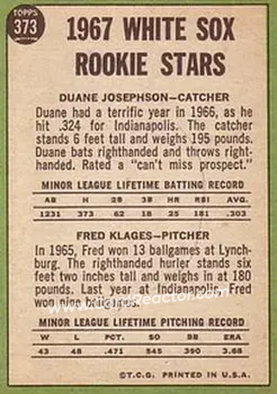 1967 Topps #373 - Card #373 - Chicago White Sox - Back