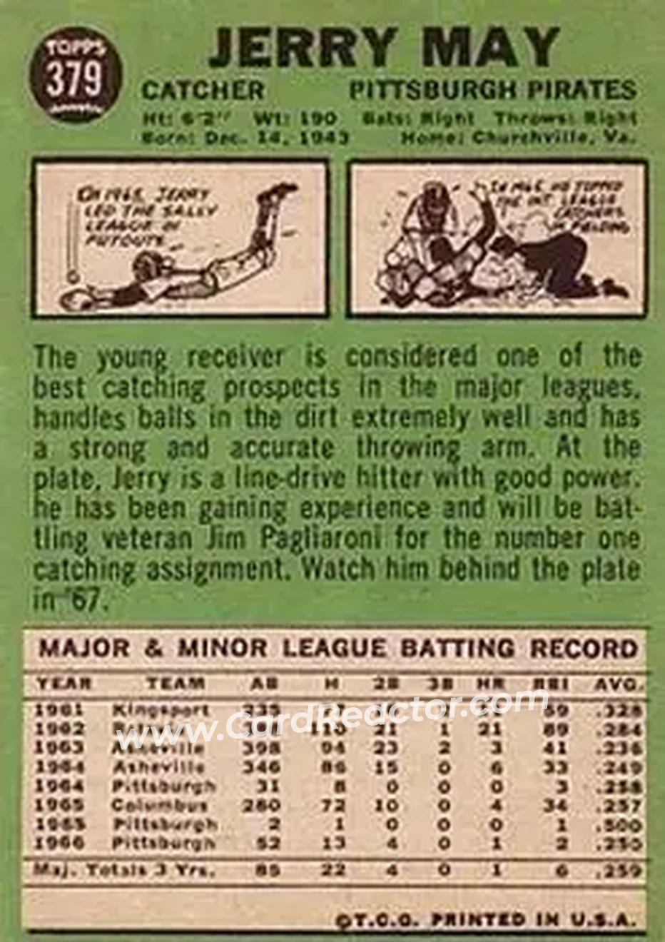 1967 Topps #379 - Jerry May - Pittsburgh Pirates - Back