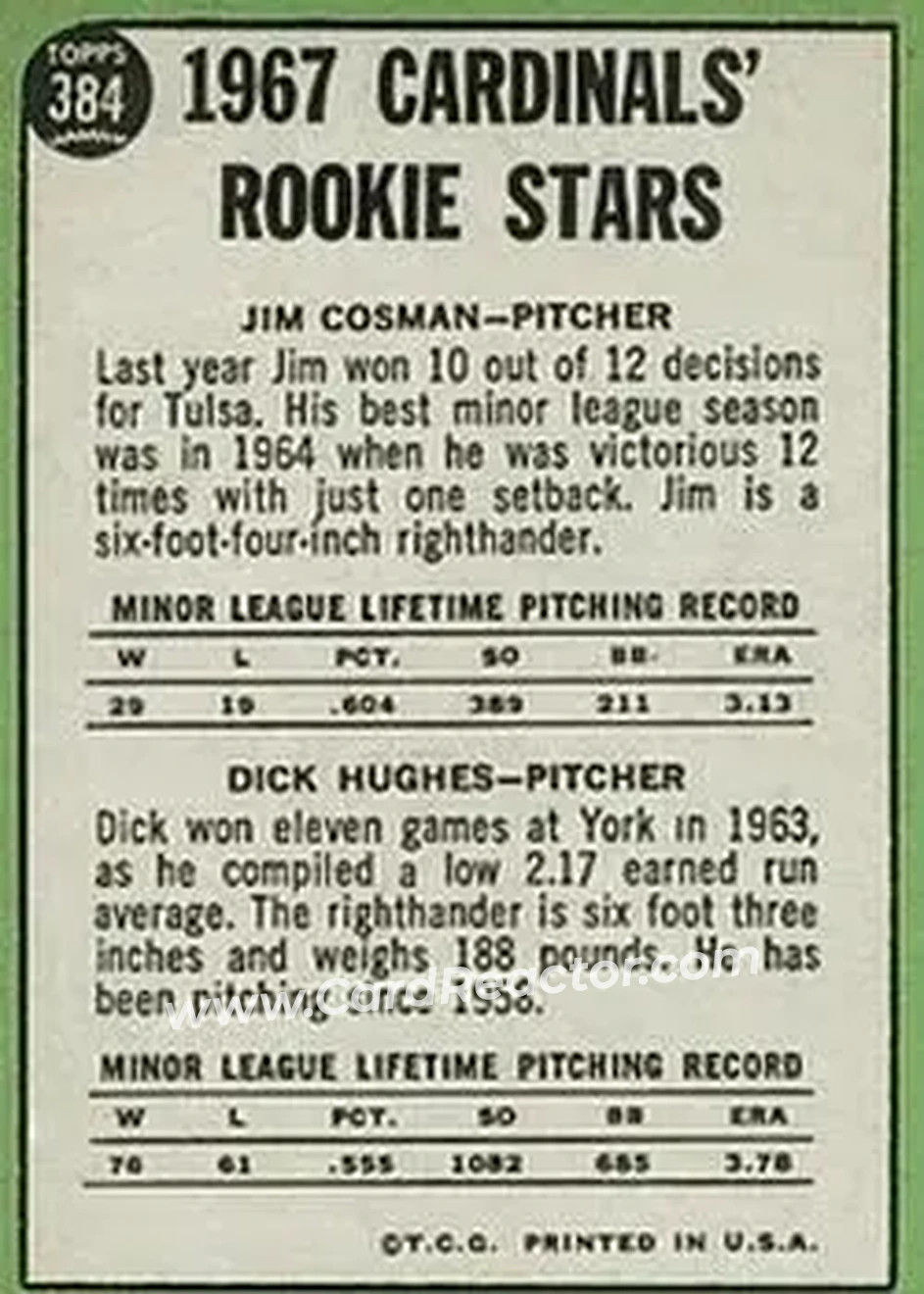 1967 Topps #384 - Card #384 - St. Louis Cardinals - Back
