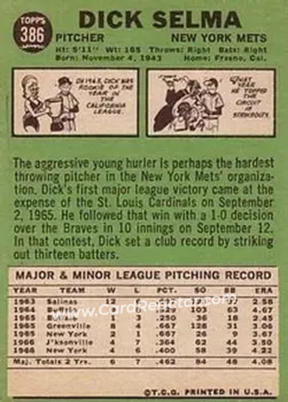 1967 Topps #386 - Dick Selma - New York Mets - Back