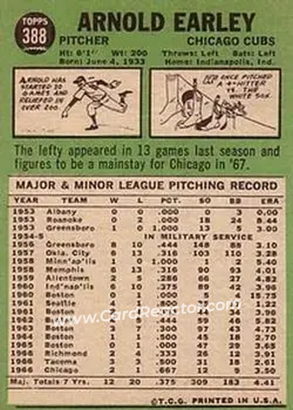 1967 Topps #388 - Arnold Earley - Chicago Cubs - Back