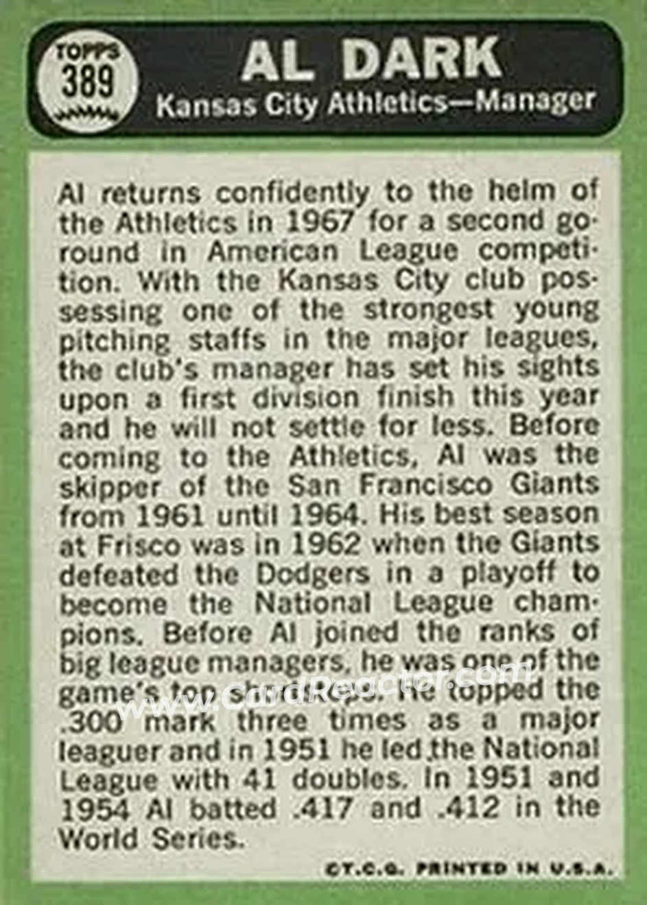 1967 Topps #389 - Alvin Dark - Kansas City Athletics - Back
