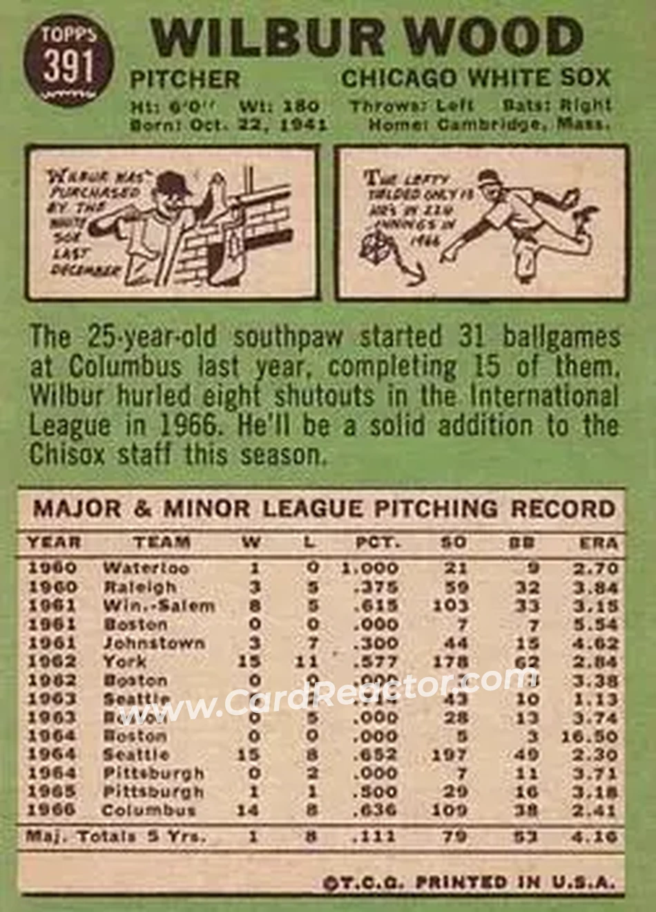 1967 Topps #391 - Wilbur Wood - Chicago White Sox - Back
