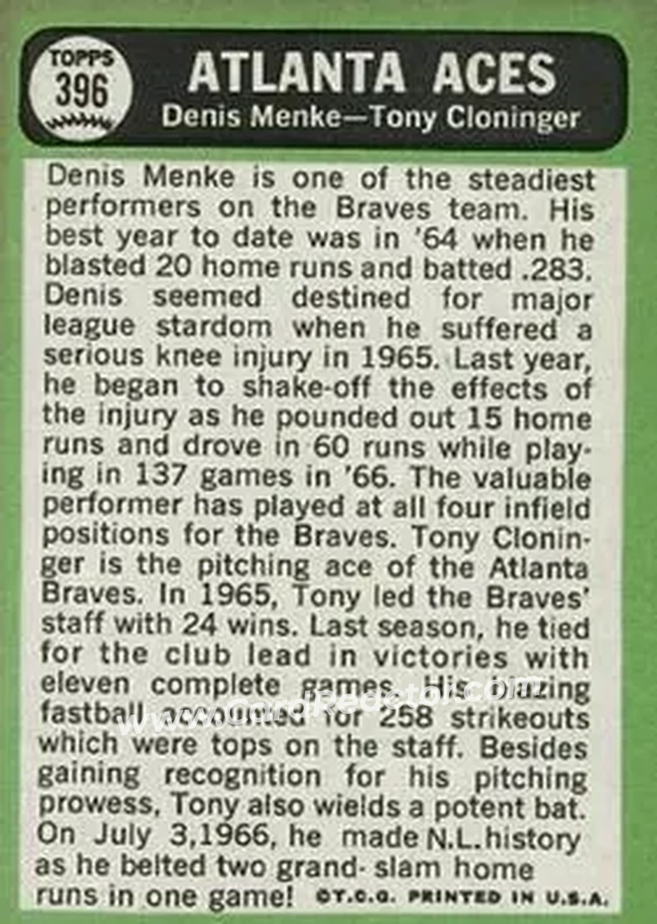 1967 Topps #396 - Card #396 - Atlanta Braves - Back 1967 Topps #396 - Card #396 - Atlanta Braves - Back