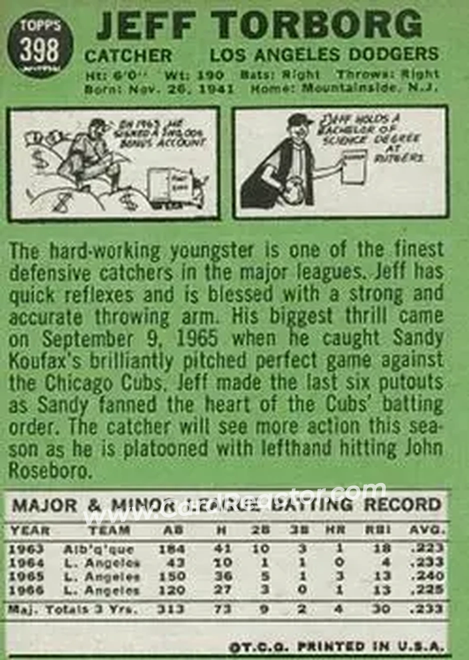 1967 Topps #398 - Jeff Torborg - Los Angeles Dodgers - Back