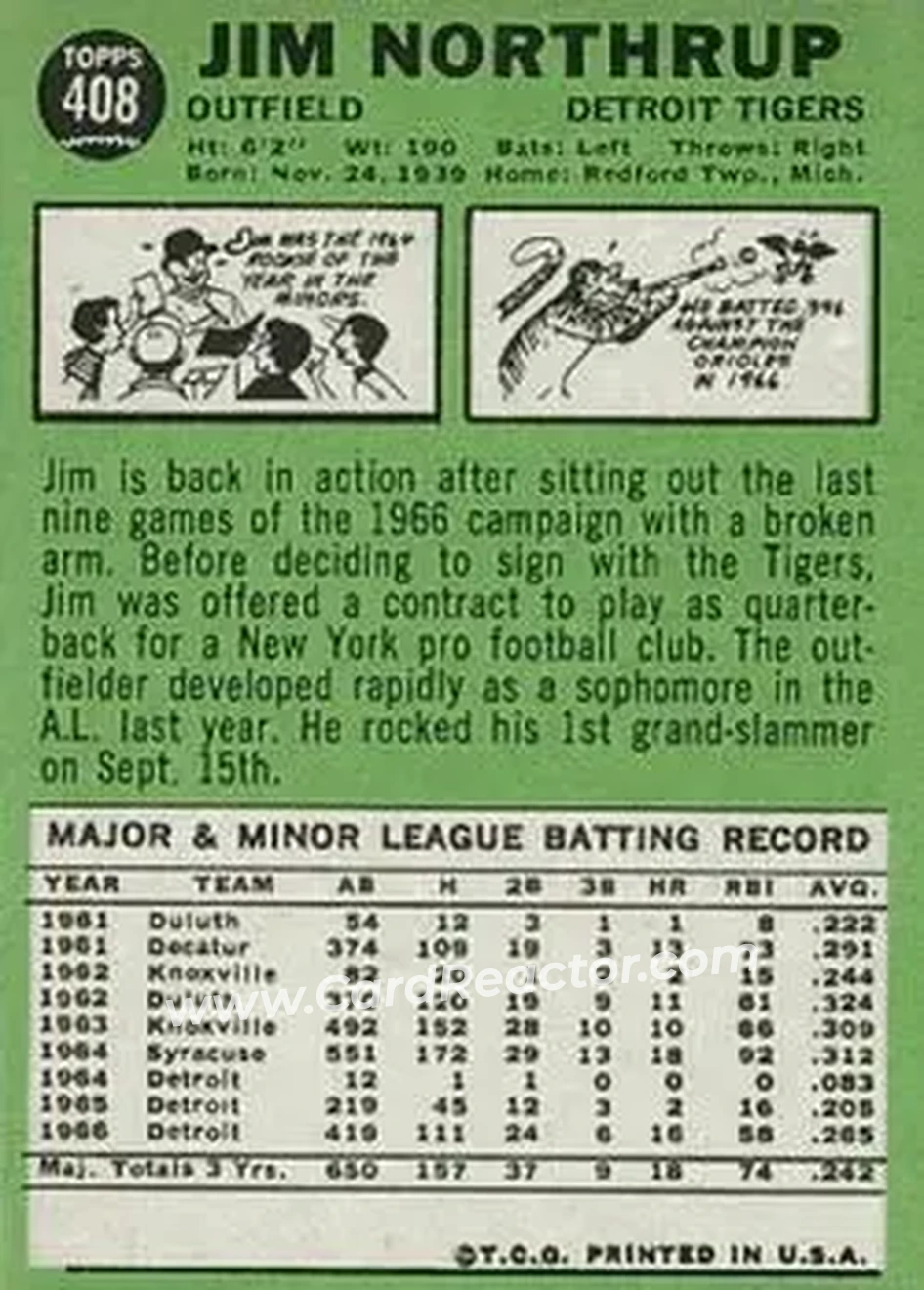 1967 Topps #408 - Jim Northrup - Detroit Tigers - Back