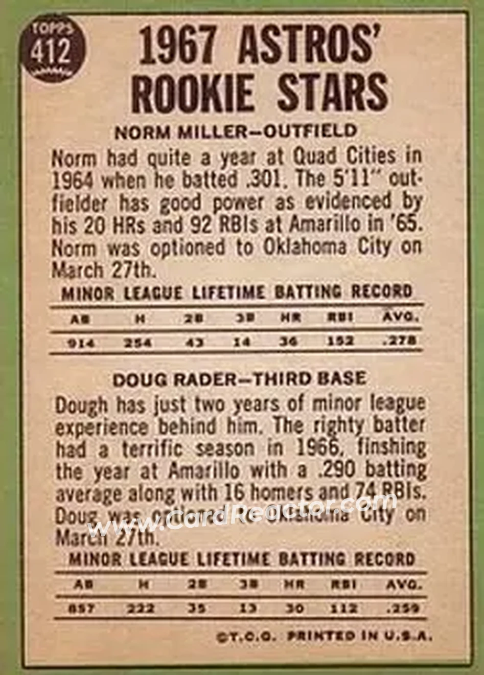 1967 Topps #412 - Card #412 - Houston Astros - Back