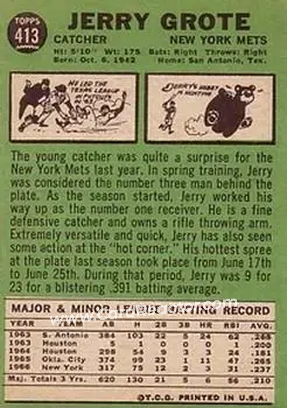 1967 Topps #413 - Jerry Grote - New York Mets - Back
