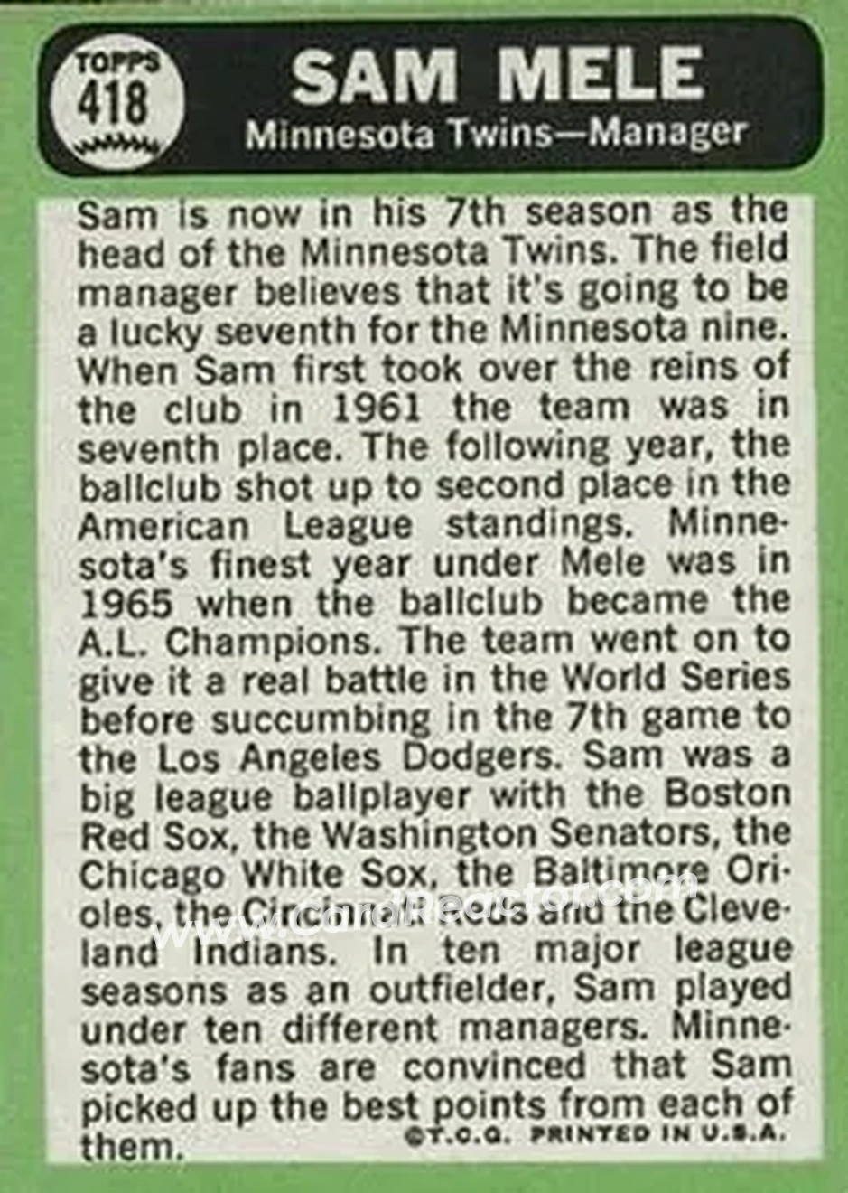 1967 Topps #418 - Sam Mele - Minnesota Twins - Back