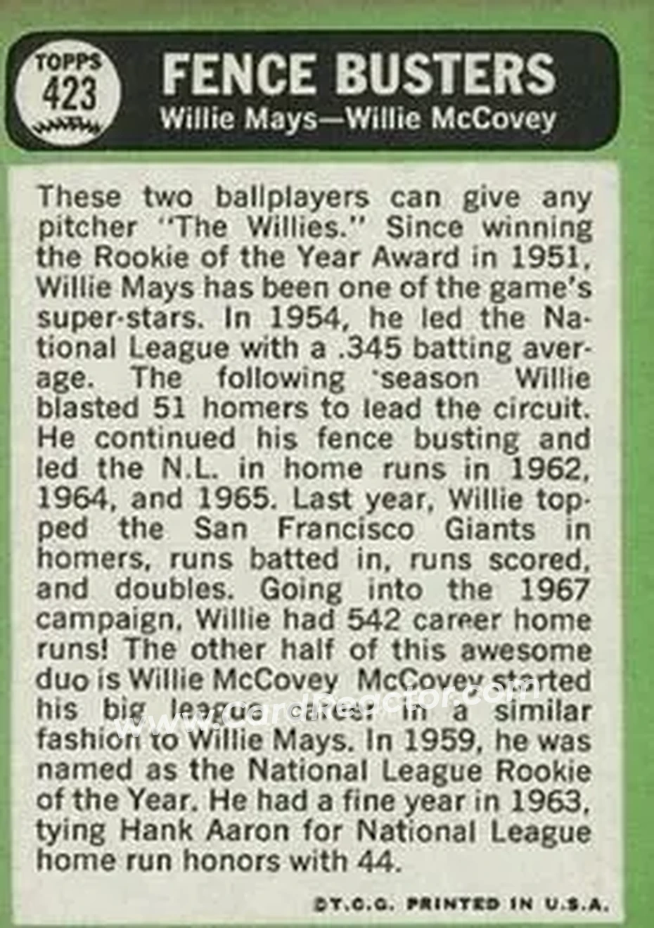 1967 Topps #423 - Card #423 - San Francisco Giants - Back 1967 Topps #423 - Card #423 - San Francisco Giants - Back