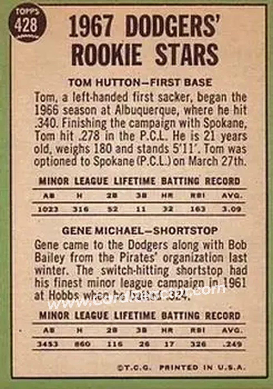1967 Topps #428 - Card #428 - Los Angeles Dodgers - Back