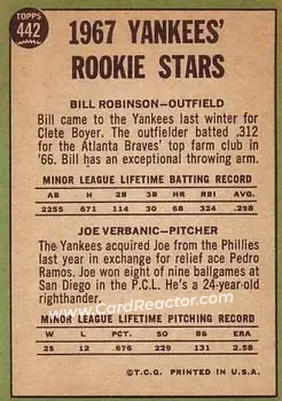1967 Topps #442 - Card #442 - New York Yankees - Back