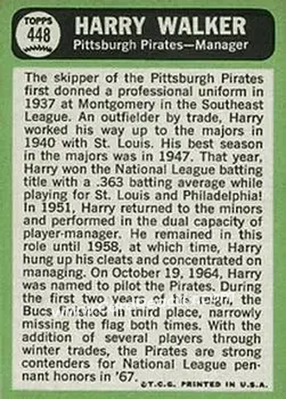 1967 Topps #448 - Harry Walker - Pittsburgh Pirates - Back
